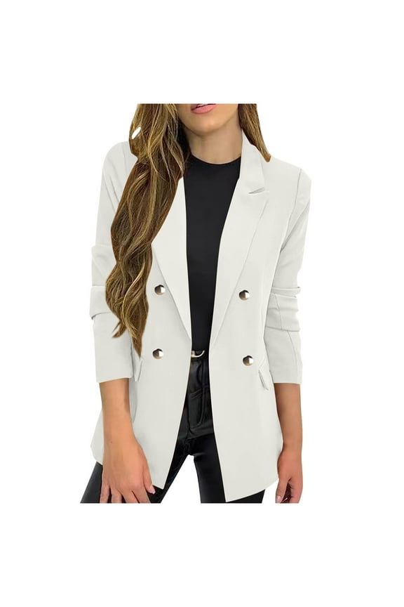 Women's Suit Jacket Blazers - Double Breasted Long Sleeve Business Casual Outfits Notched Collar Dressy Officewear (XL, White)