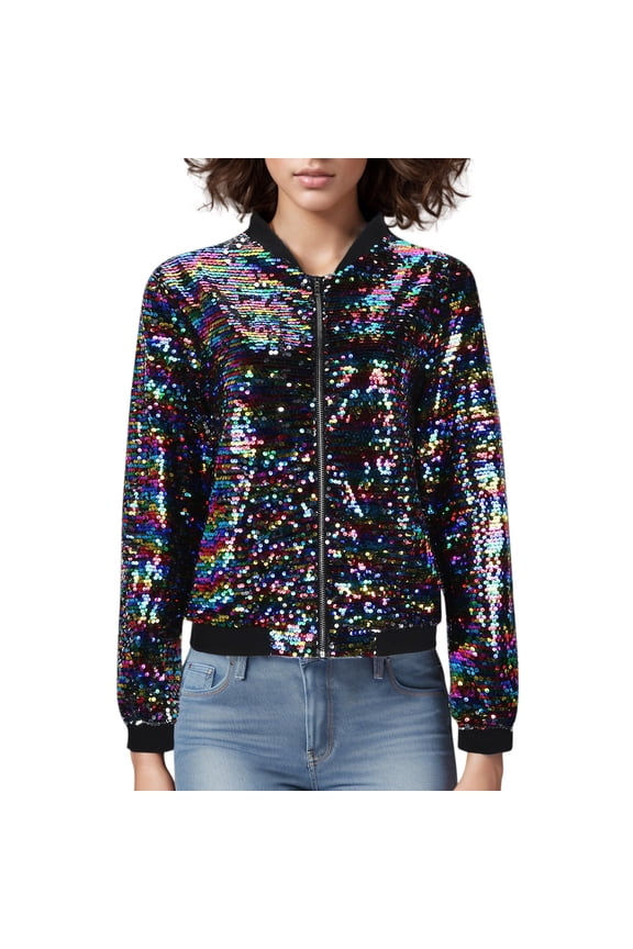 Women's Casual Sequin Zipper Short Jacket Top Coat Stylish Outerwear for Everyday Comfort