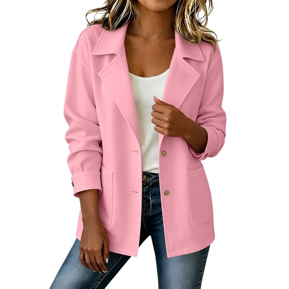 Women's Suit Jackets Single Breasted Notch Lapel Blazer Long Sleeve Solid Color Jacket with Pockets Pink XL