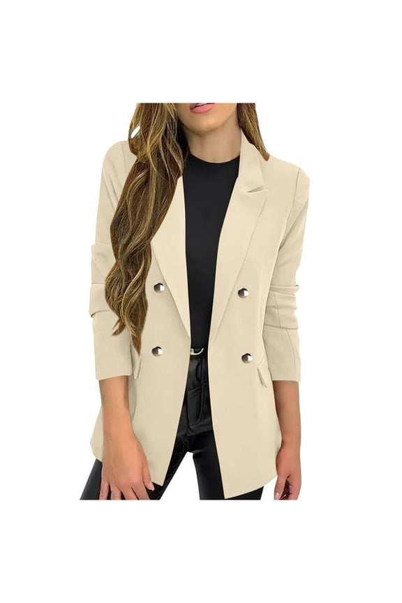 Women's Suit Jackets Solid Button Turndown Collar Blazer Trendy Business Casual Textured Jacket with Pockets Beige M