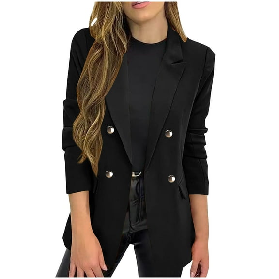 Women's Suit Jackets Solid Button Turndown Collar Blazer Trendy Business Casual Textured Jacket with Pockets Black XL