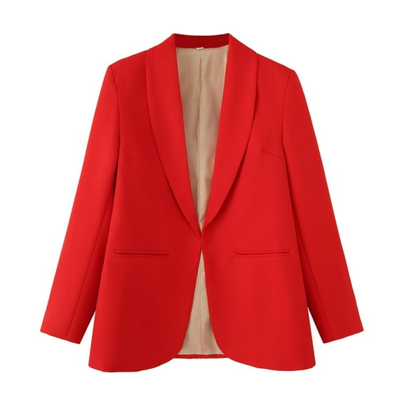 Women's Suit Jackets Solid Button Turndown Collar Blazer Trendy Business Casual Textured Jacket with Pockets Red M