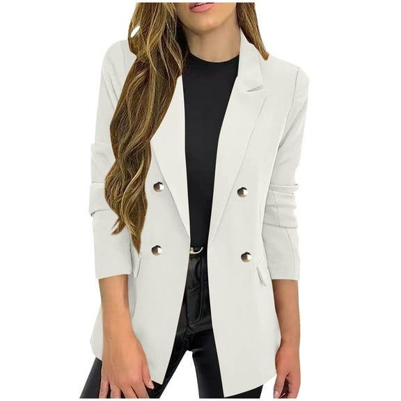 Women's Suit Jackets Solid Button Turndown Collar Blazer Trendy Business Casual Textured Jacket with Pockets White L
