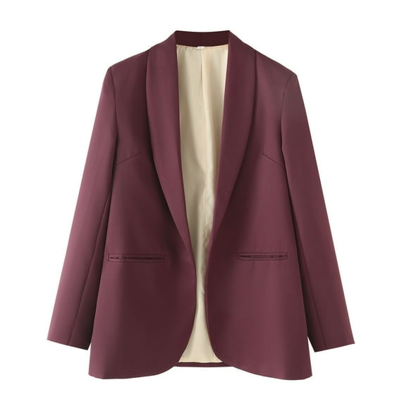 Women's Suit Jackets Solid Button Turndown Collar Blazer Trendy Business Casual Textured Jacket with Pockets Wine S