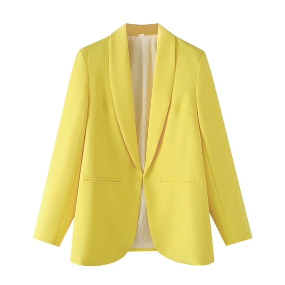Women's Suit Jackets Solid Button Turndown Collar Blazer Trendy Business Casual Textured Jacket with Pockets Yellow L