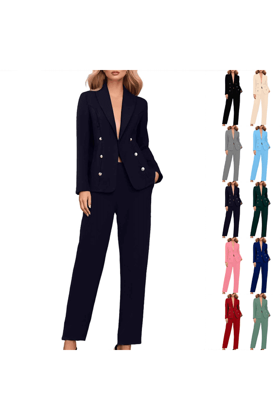 Women's Suit Set, Double Breasted Blazer and Wide Leg Trouser, 2 Piece Formal Suit Set for Office, Wedding Guest, Business Attire and Professional Work Wear-Blackish Green