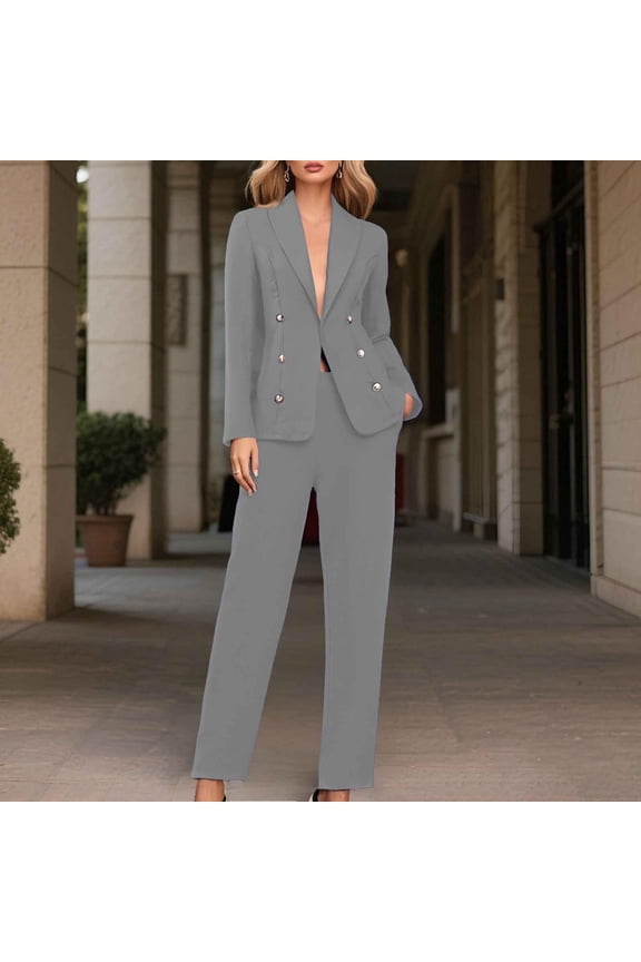 Women's Suit Set, Double Breasted Blazer and Wide Leg Trouser, 2 Piece Formal Suit Set for Office, Wedding Guest, Business Attire and Professional Work Wear-Gray