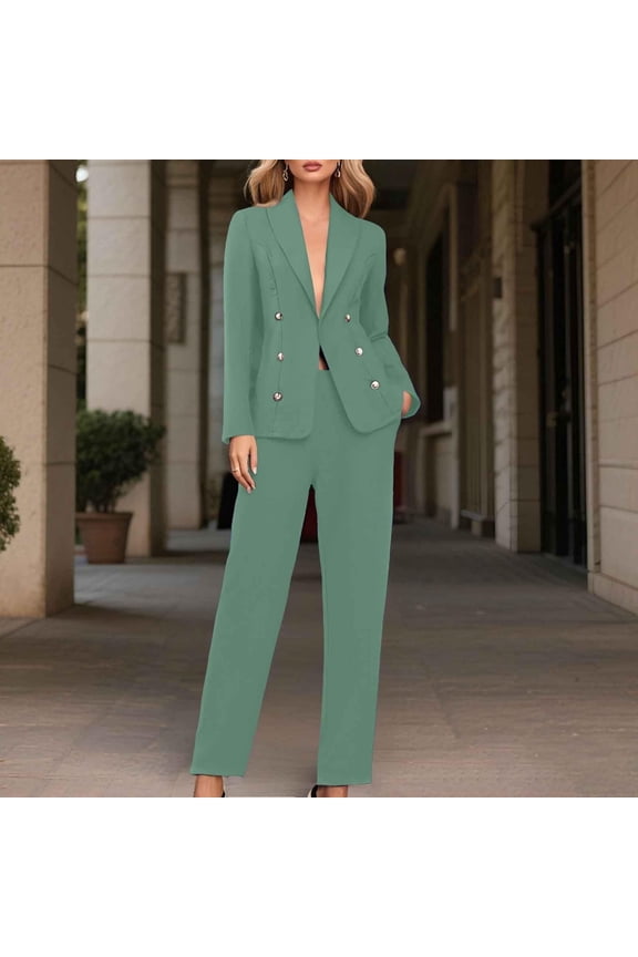 Women's Suit Set, Double Breasted Blazer and Wide Leg Trouser, 2 Piece Formal Suit Set for Office, Wedding Guest, Business Attire and Professional Work Wear-Green