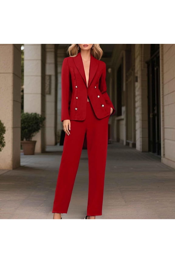 Women's Suit Set, Double Breasted Blazer and Wide Leg Trouser, 2 Piece Formal Suit Set for Office, Wedding Guest, Business Attire and Professional Work Wear-Red