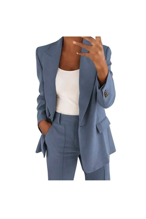Women's Suit Set, Oversized Blazer and Straight Leg Pants, 2 Piece Business Suit, Loose Fit Jacket and Trouser Set for Office, Wedding Guest, Business Casual and Formal Attire-Blue