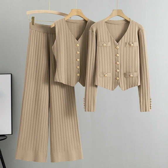 Women's Suit Vest Coat Pants Set - Knitted V Neck, Single-breasted Waistcoat, Wide Leg Trousers