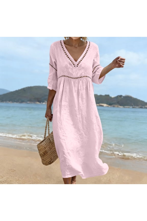 Women's Summer 100% Cotton Linen Dress Casual Short Sleeve Beach Dresses Tunic Dress with Pockets