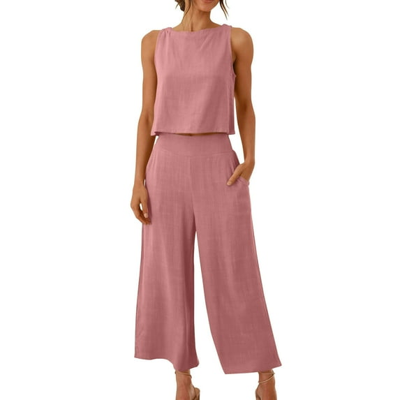 Women's Summer 2 Piece Cotton Linen Outfits Casual Crewneck Sleeveless Tank Tops Wide Leg Pants Sets Tracksuits
