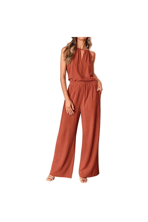 Women's Summer 2 Piece Cotton Linen Outfits Sleeveless V Neck Tops Wide Leg Pant Sets Casual Tracksuit Orange