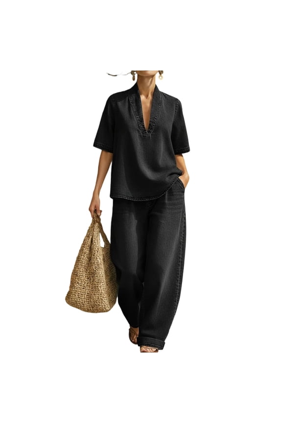 Women's Summer 2 Piece Denim Sets Short Sleeve Vest Top with Wide Leg Barrel Jeans Casual Sets M