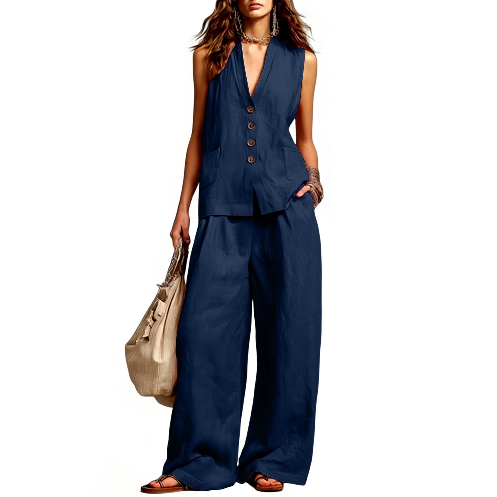 Women's Summer 2 Piece Lounge Set Dressy Sleeveless Button Down V Neck Top & Wide Leg Pants Office Travel Outfits