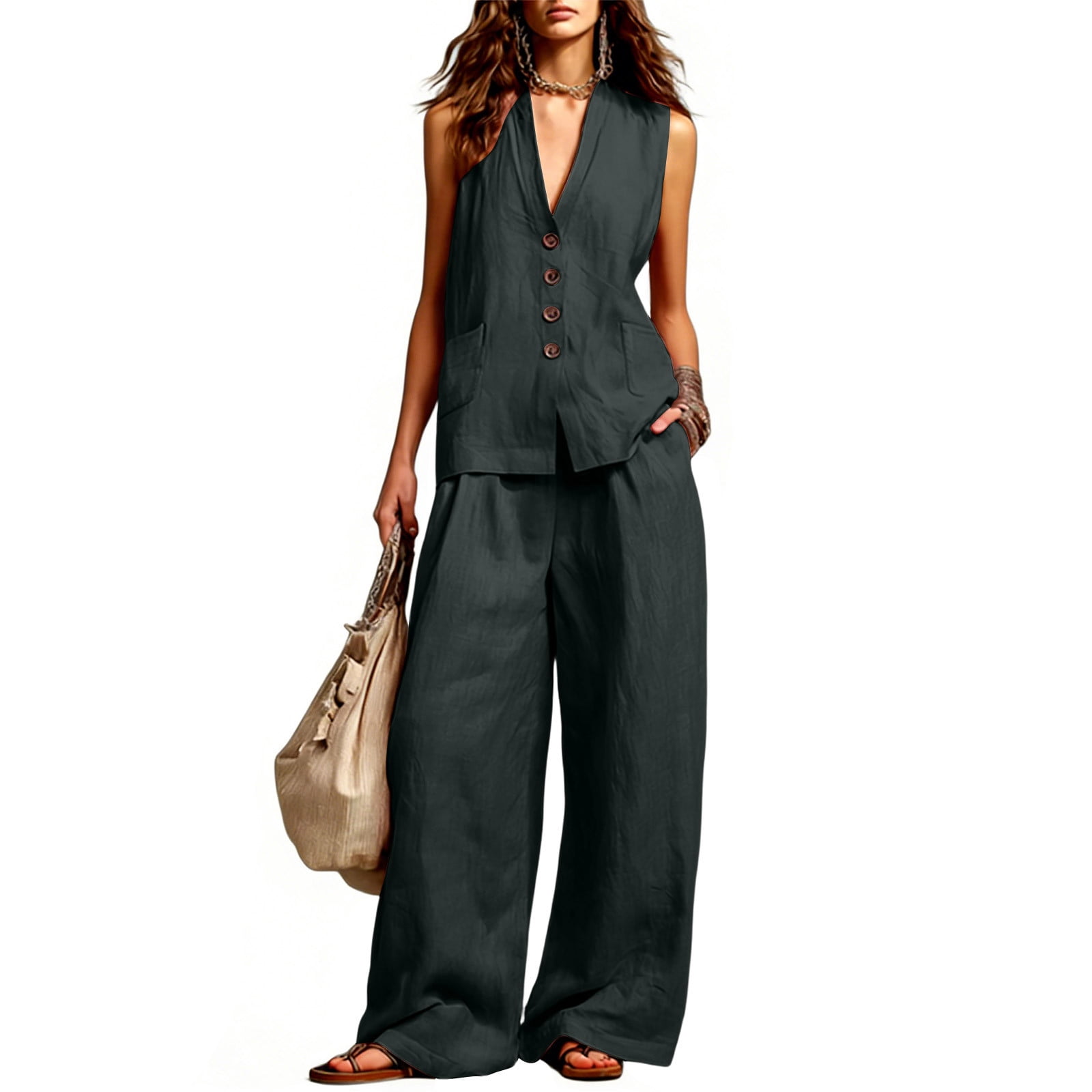 Women's Summer 2 Piece Lounge Set Dressy Sleeveless Button Down V Neck Top & Wide Leg Pants Office Travel Outfits