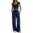 thumbnail image 1 of Women's Summer 2 Piece Matching Lounge Sets Short Sleeve Crop Tops Wide Leg Pants Airport Travel Outfits Navy L(L), 1 of 7