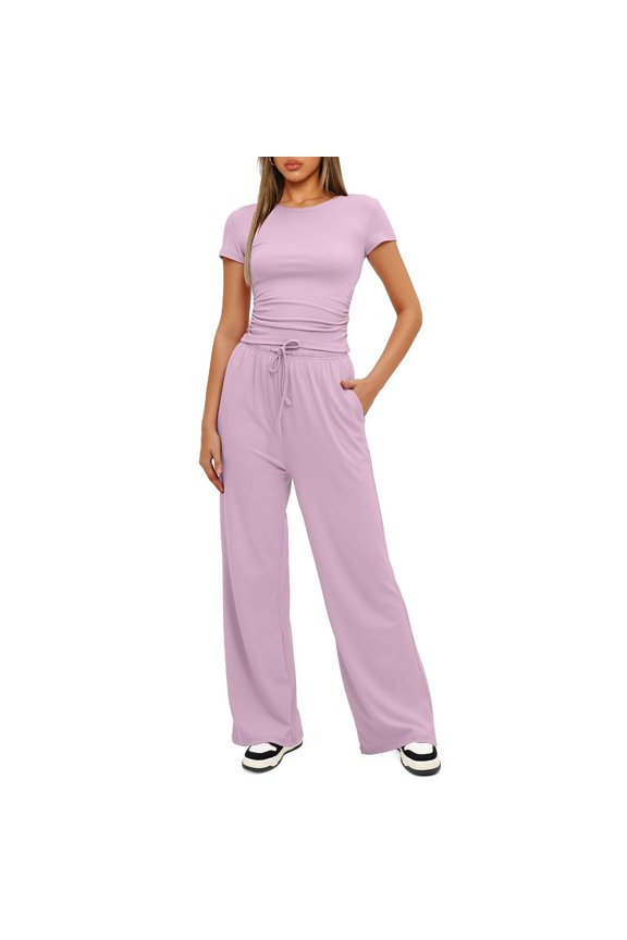 Women's Summer 2-Piece Matching Set Short Sleeve Ruched Top & Wide Leg Pants Tracksuit Pink XXL
