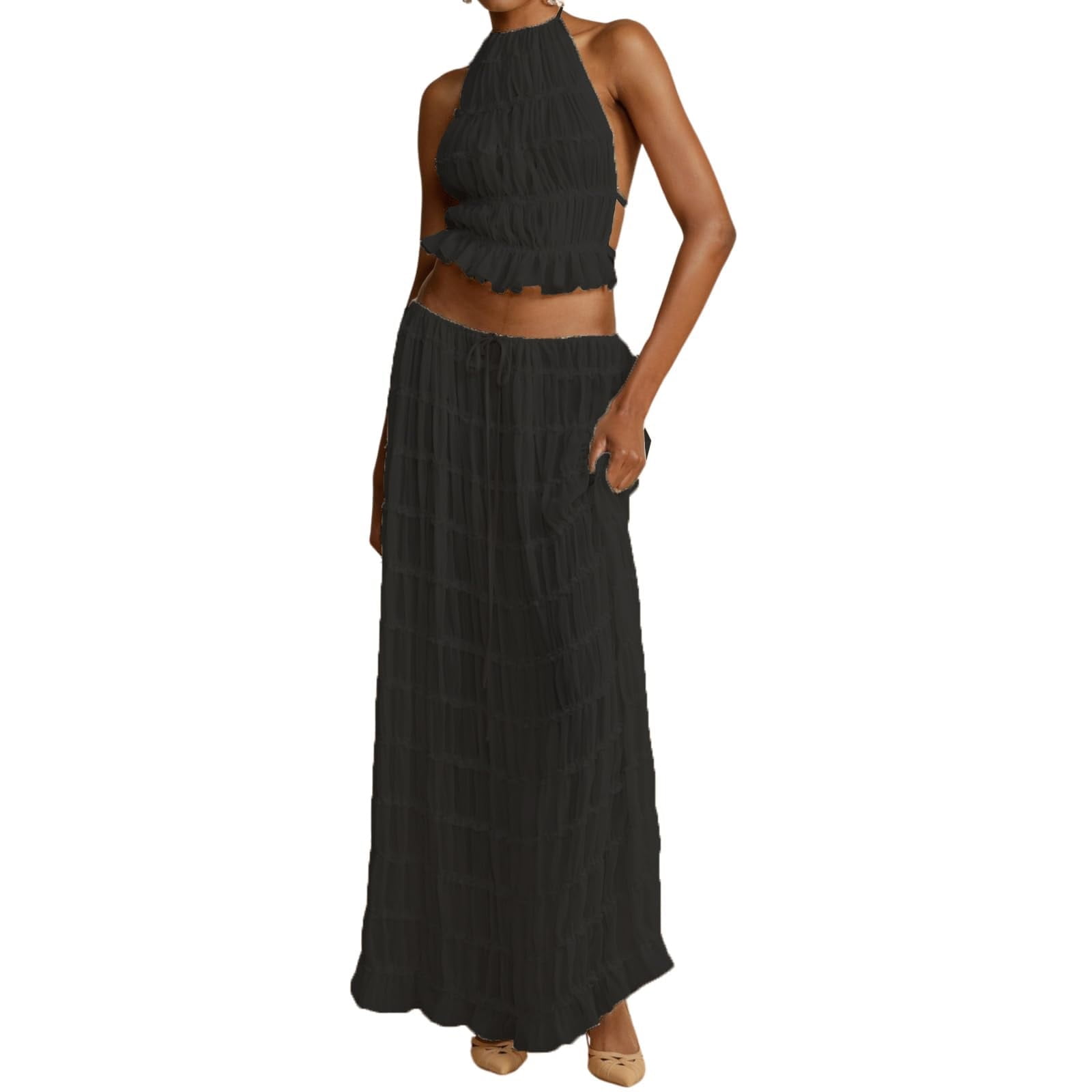 Women's Summer Piece Maxi Skirt Set Y2k Sleeveless Crop Tank