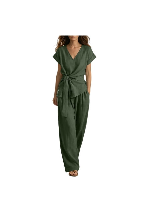 Women's Summer 2 Piece Outfits 2026 Cap Sleeve V Neck Belted Crop Tops Wide Leg Pant Sets Casual Tracksuit