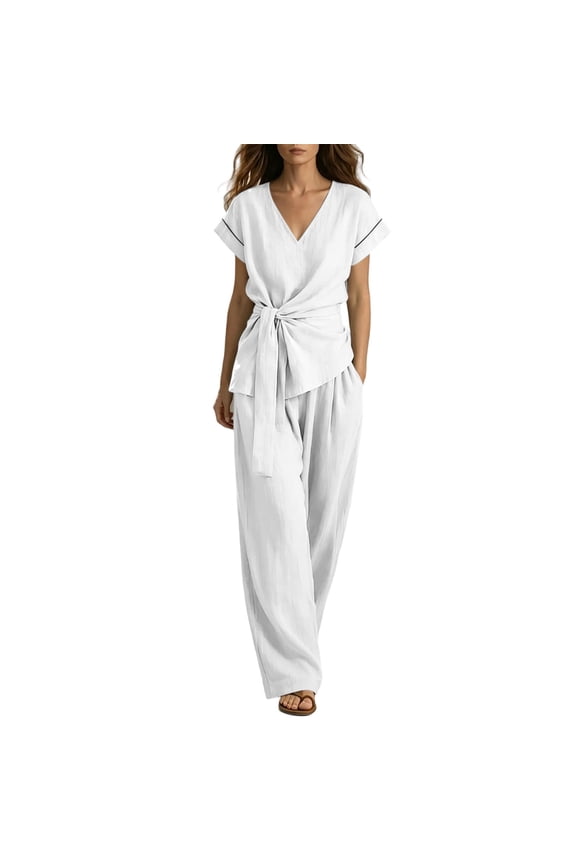 Women's Summer 2 Piece Outfits 2026 Cap Sleeve V Neck Belted Crop Tops Wide Leg Pant Sets Casual Tracksuit