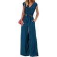 thumbnail image 1 of Women's Summer 2 Piece Outfits 2026 Cap Sleeve V Neck Belted Crop Tops & Wide Leg Pant Sets Casual Tracksuit, 1 of 4