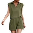 thumbnail image 1 of Women's Summer 2 Piece Outfits Casual Comfy Lapel V Neck Sleeveless Tops High Waisted Shorts Lounge Sets Tracksuits Ladies Clothes, 1 of 7