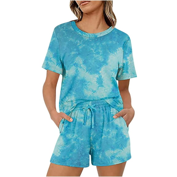 Women's Summer 2 Piece Outfits Casual Printed Crewneck Short Sleeve Tops and Drawstring Shorts Lounge Sets Tracksuit