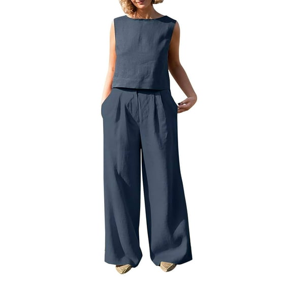 Women's Summer 2 Piece Outfits Cotton Linen Sleeveless Tank Crop Top Wide Leg Pants Lounge Set with Pockets