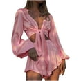thumbnail image 1 of Women's Summer 2 Piece Outfits Lantern Long Sleeve V Neck Tie Front Crop Top and Shorts Set Beach Vacation Outfits, 1 of 7