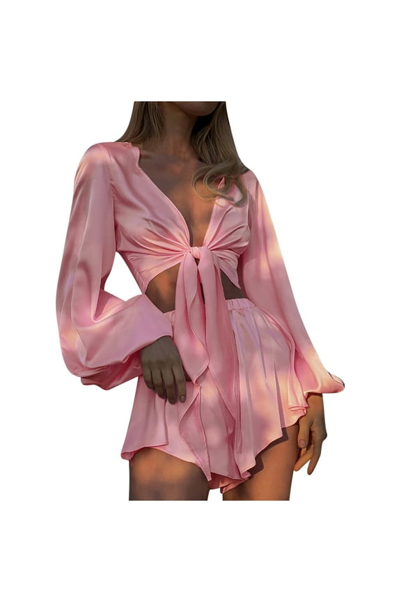Women's Summer 2 Piece Outfits Lantern Long Sleeve V Neck Tie Front Crop Top and Shorts Set Beach Vacation Outfits