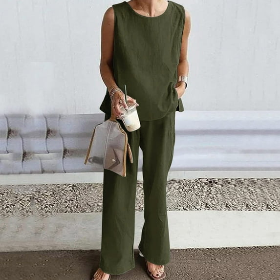 Women's Summer 2 Piece Outfits Linen Crop Tank Top Lounge Matching Sets & Wide Leg Capri Pants Sleeveless Solid Color Tracksuits with Pockets