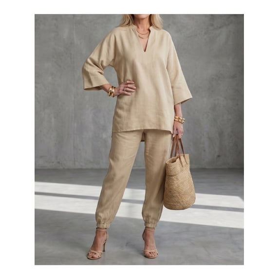 Women's Summer 2 Piece Outfits Lounge Sets Three-quarter Sleeve Top Wide Leg Cropped Pants with Pockets