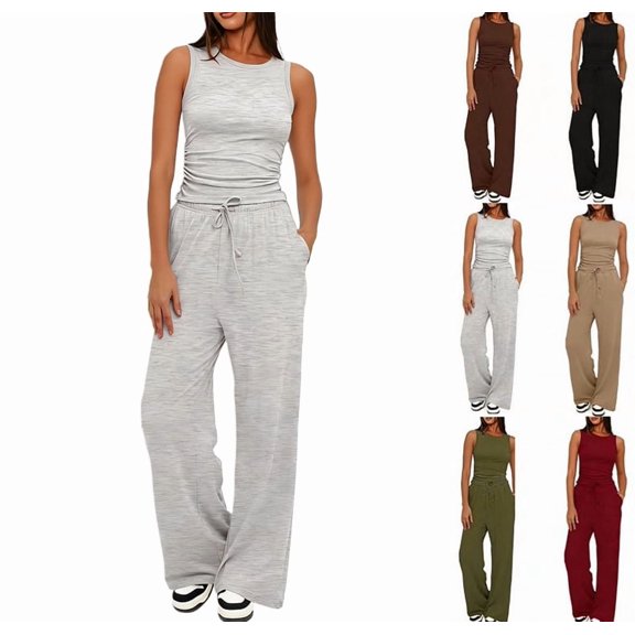 Women's Summer 2 Piece Outfits Mock Neck Tank Top Cropped Wide Leg Pants Lounge Sets 2025 Fashion Tracksuit Light Gray XXL