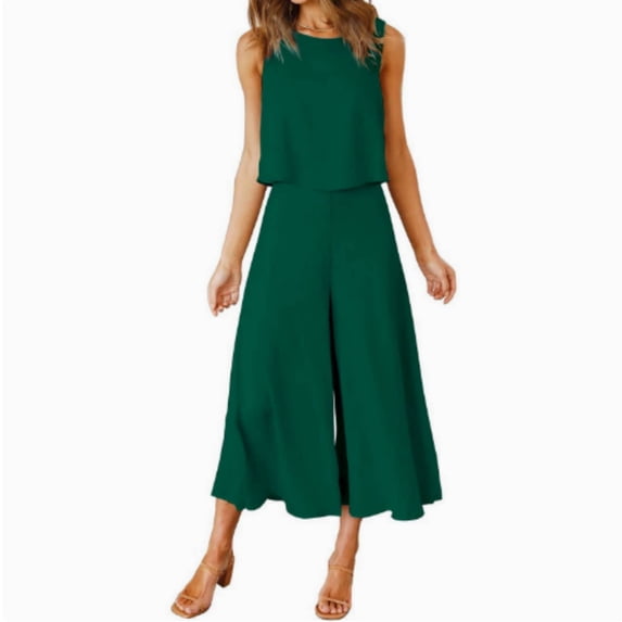 Women's Summer 2 Piece Outfits Round Neck Crop Basic Top Cropped Wide Leg Pants Set