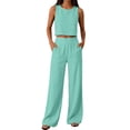thumbnail image 1 of Women's Summer 2 Piece Outfits Set Solid Color Round neck Sleeveless Tank Crop Top Wide Leg pants Set Pockets Light Blue L(L), 1 of 7