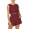 thumbnail image 1 of Women’s Summer 2 Piece Outfits Shorts Sets Sleeveless Round Neck Crop Top Tank and High Waisted Shorts with Pockets, 1 of 5