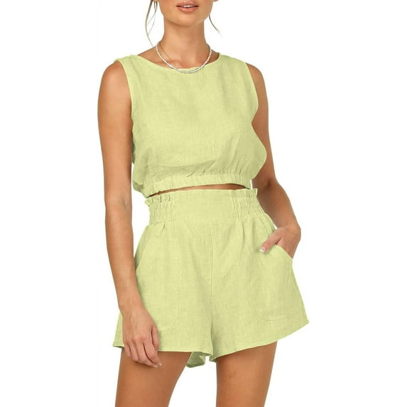 Women’s Summer 2 Piece Outfits Shorts Sets Sleeveless Round Neck Crop Top Tank and High Waisted Shorts with Pockets