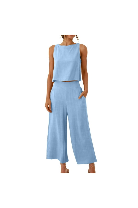 Women's Summer 2 Piece Outfits Sleeveless Crop Top Capri Wide Leg Pants Jumpsuit Linen Lounge Beach Travel Sets 2025