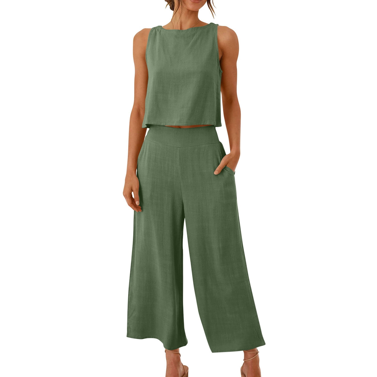 Women s Summer 2 Piece Outfits Linen Crop Tank Top Lounge Matching Sets Wide Leg Capri Pants Sleeveless Solid Color Tracksuits with Pockets Walmart