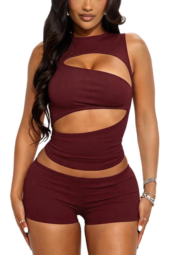 Women’s Summer 2 Piece Outfits Sleeveless Cut Out Crop Top Bodycon Shorts Set Night Out Club Outfits Y2K Streetwear
