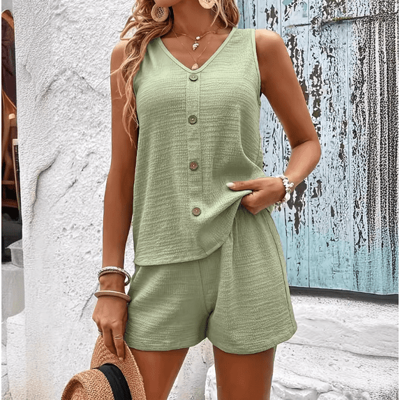 Women's Summer 2 Piece Outfits Sleeveless Matching Sets Button Down V Neck T-shirt Tank and Elastic Wais Shorts Set