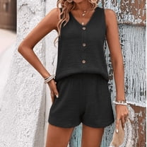 Women's Summer 2 Piece Outfits Sleeveless Matching Sets Button Down V Neck T-shirt Tank and Elastic Wais Shorts Set