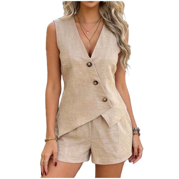 Women's Summer 2 Piece Outfits Sleeveless Matching Sets Button Down V Neck Vest Waistcoat and Pockets Shorts Beige
