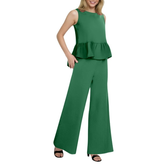 Women's Summer 2 Piece Outfits Sleeveless Ruffle Tank Crop Top & Wide Leg Pants Set With Pockets