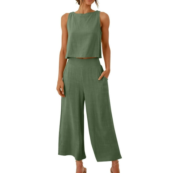 Women's Summer 2 Piece Outfits Sleeveless Tank Crop Button Back Top Cropped Wide Leg Pants Set Pockets