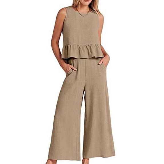 Women's Summer 2 Piece Outfits Sleeveless Tank Crop Button Back Tops Wide Leg Pants Set with Pockets