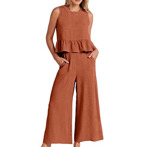 Women's Summer 2 Piece Outfits Sleeveless Tank Crop Button Back Tops Wide Leg Pants Set with Pockets