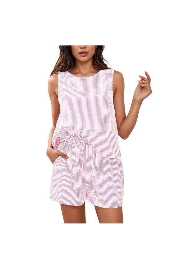 Women's Summer 2 Piece Outfits Sleeveless Tank Top Matching Shorts Sets Cotton Striped Sweatsuits Vacation Beach 2025, Limited Time Under 10 Dollars ###